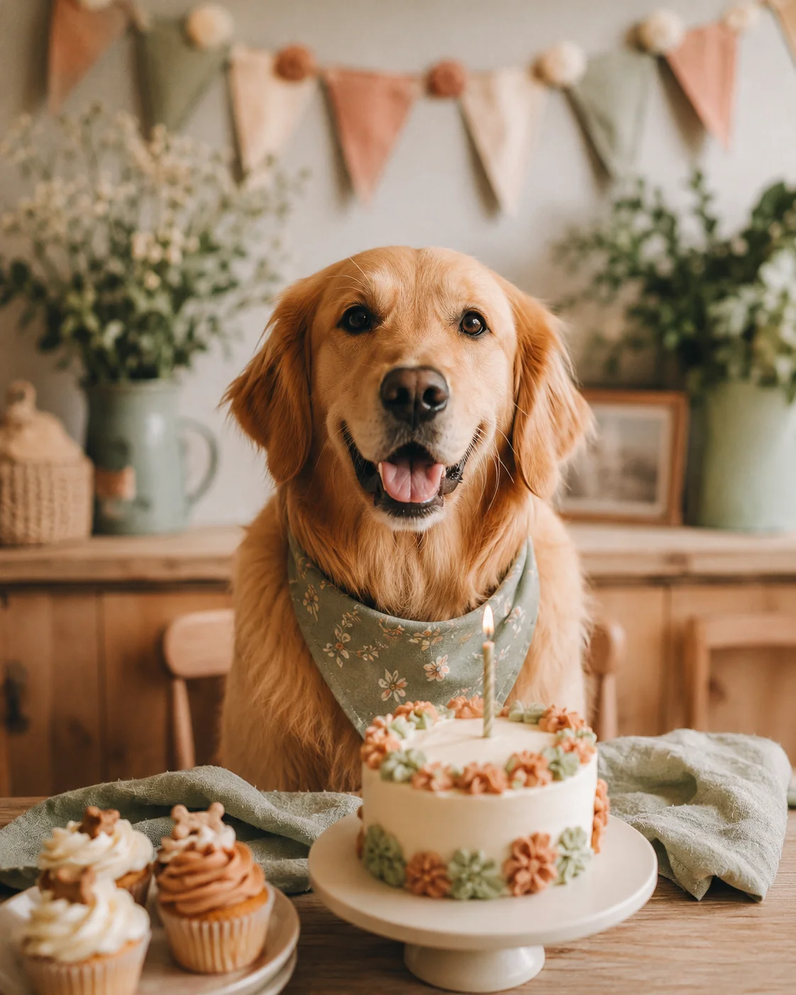 Hund neben einer selbstgemachten Hundegeburtstagstorte